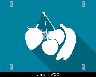 Fruit flat icon with long shadow. Cherries, bananas and strawberries. Vector illustration. Stock Vector