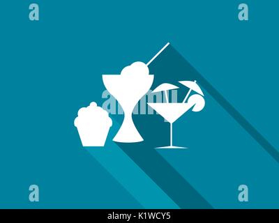 The cake, ice cream and cocktails icons with long shadow. Vector illustration. Stock Vector