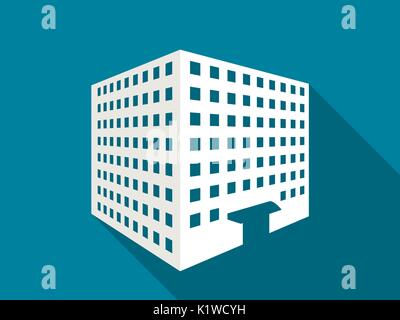 Multi-storey building with a long shadow. Flat icon. Vector illustration. Stock Vector