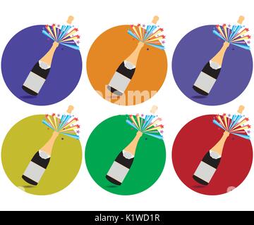 Champagne. Cork flying out of a bottle. Icons in a flat style. Stock Vector