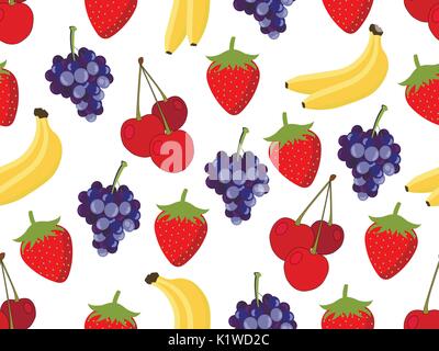 Set of seamless pattern with fruit. Pattern of bananas, cherries, strawberries and grapes. Vector background. Stock Vector