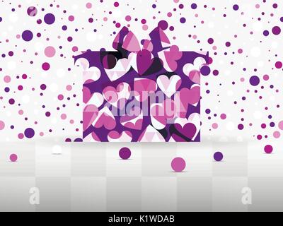 Gift box with a pattern of hearts. Sale Banner. Background with colored circles. Vector illustration Stock Vector