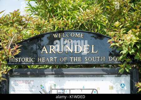 A welcome to Arundel sign in Arundel, West Sussex, England. Stock Photo