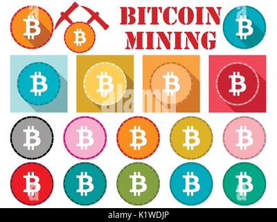 Bitcoin. Bitcoin symbol, flat coin with shadow. Bitcoin mining. Set of icons. Stock Vector