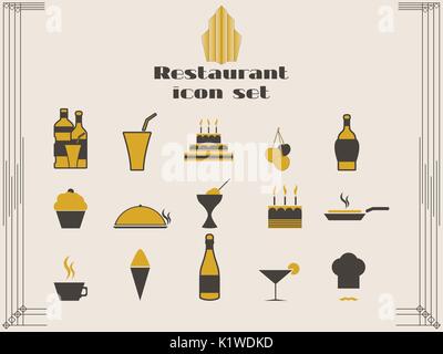 Restaurant icons in art deco style. Cooking and kitchen icons. Vector illustration. Stock Vector