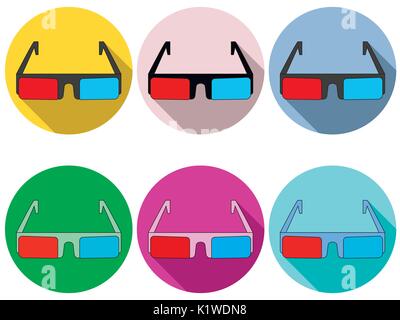 3d glasses are flat with a long shadow. Modern design of glasses. Red and blue lenses. Set of icons. Vector illustration Stock Vector