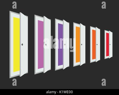 A set of open doors with different colors color. Isometric door. Vector illustration. Stock Vector