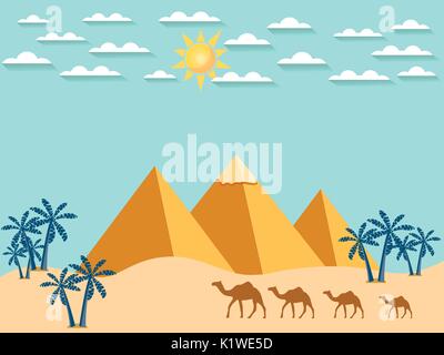 Egypt. Camels on the background of the pyramids. Landscape. Vector. Stock Vector