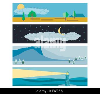 Set in a flat landscape style. Snow-capped mountains, a lighthouse in the sea, day and night. Vector illustration. Stock Vector