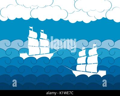 Ships on the waves, sailing medieval ship. Seascape. Vector illustration Stock Vector