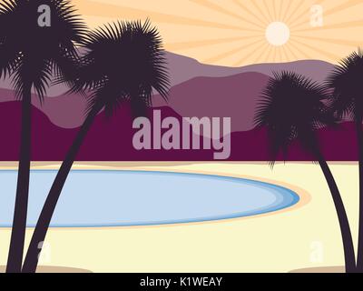 Coast with palm trees and mountains in the background. Tropical scenery. Vector illustration Stock Vector