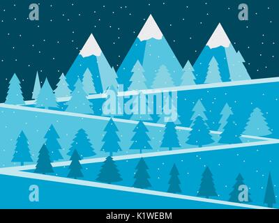 Mountain landscape with Christmas trees. Snowy peaks flat design. Vector illustration. Stock Vector