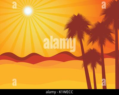 Sunset in the desert with palm tree. Desert landscape. Vector illustration. Stock Vector