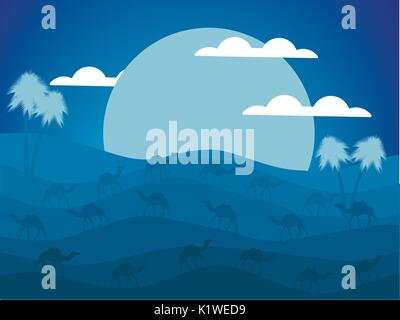 Night desert landscape. Caravan of camels in the desert. The big moon. Vector illustration Stock Vector