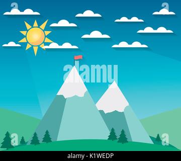 Landscape in a flat style with sun, clouds and mountains. The flag on top. Snow-covered hills. The long shadow. Vector illustration of a sunrise. Stock Vector