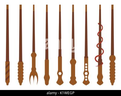 Magic wands. Magic and magical objects. Wizard tool. Isolated on white background. Vector illustration. Stock Vector