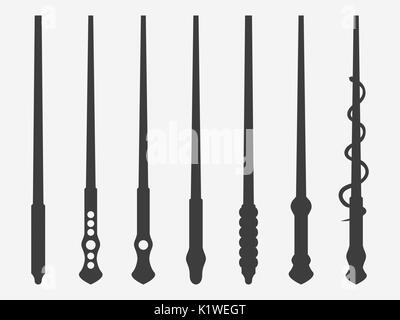 Magic wands. Magic and magical objects. Wizard tool. Isolated on white background. Vector illustration. Stock Vector