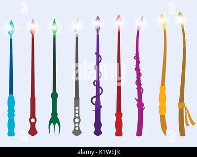 Magic wands. Magic crystal and magical objects. Wizard tool. Vector illustration Stock Vector