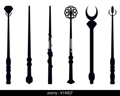 Magic wands. Magic and magical objects. Chery silhouette on a white background. Wizard tool. Vector illustration. Stock Vector