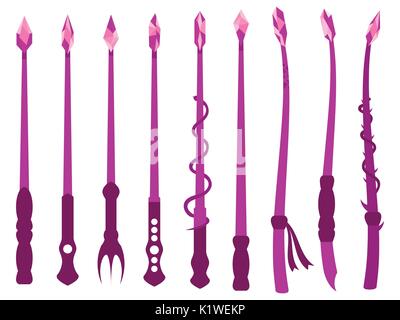 Magic wands. Magic crystal and magical objects. Wizard tool. Vector illustration Stock Vector