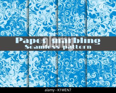 Marbling seamless pattern set. Marbled paper watercolor. Drawing on the water. Grunge textures. Vector illustration Stock Vector