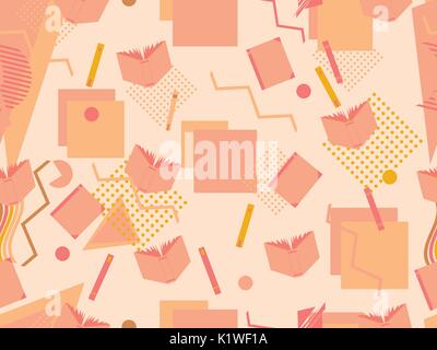 Memphis seamless pattern with books. Geometric elements memphis in the style of 80's. Vector illustration Stock Vector