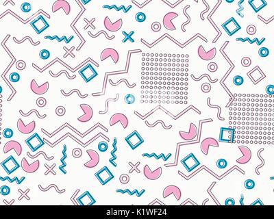 Memphis seamless pattern. Geometric elements memphis in the style of 80's. Pink and blue tones. Vector illustration Stock Vector