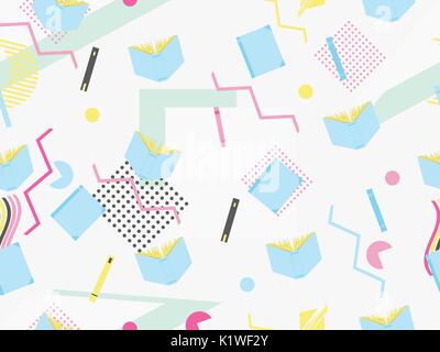 Memphis seamless pattern with books. Geometric elements memphis in the style of 80's. Vector illustration Stock Vector