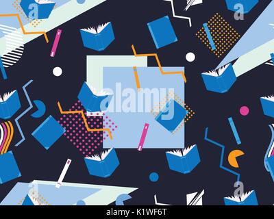 Memphis seamless pattern with books. Geometric elements memphis in the style of 80's. Vector illustration Stock Vector