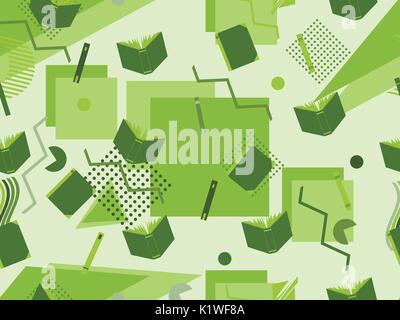 Memphis seamless pattern with books. Geometric elements memphis in the style of 80's. Vector illustration Stock Vector