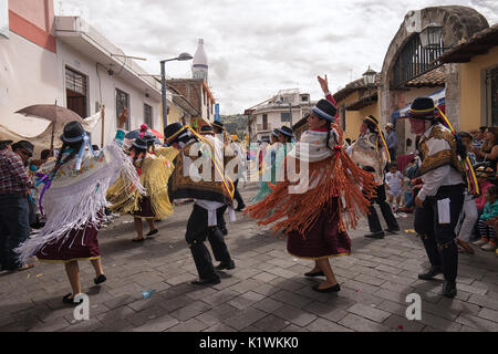 June 17, 2017 Pujili, Ecuador: traditional dancers performing at the Corpus Christi parade