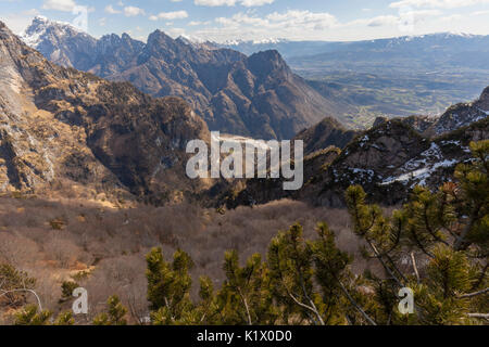 Italy, Veneto, Belluno, Dolomites. View towards val Cordevole from the final ridge of the val Salet. In the background the Valbelluna with Alpago moun Stock Photo