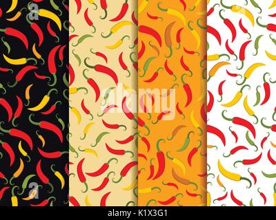 Chili pepper seamless pattern. Set of backgrounds with red hot chili peppers. Vector illustration Stock Vector