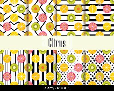 Citrus seamless pattern set. Orange, kiwi and lemon. Fruits with zig zag, black streaks on the background. Vector illustration Stock Vector