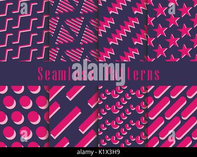 Geometric seamless pattern set. Geometric figures with a shadow in the style of the 80s. Vector illustration Stock Vector