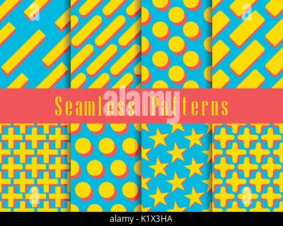 Geometric modern seamless pattern set. Triangles, stars, rectangle with a shadow. Vector illustration Stock Vector