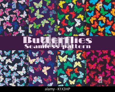 Seamless patterns with butterflies. Set of backgrounds with polygonal butterflies. Vector illustration Stock Vector