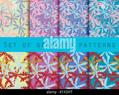 Palm trees, leaves of palm tree. Set of seamless patterns. The pattern for wallpaper, bed linen, tiles, fabrics, backgrounds. Vector illustration. Stock Vector