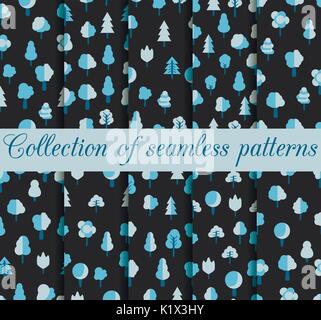 Set of seamless patterns with trees in a flat style. Collection of trees. Vector illustration. Stock Vector