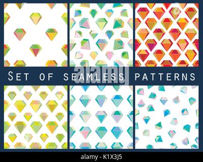 Set of seamless patterns with colorful diamonds. The faceted diamond. Vector illustration. Stock Vector