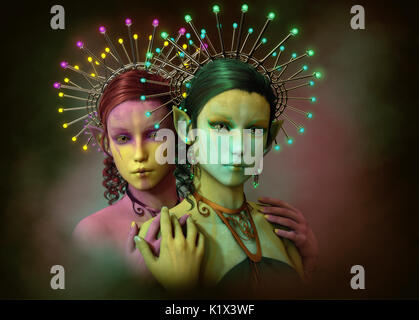 3d computer graphics of two  little fairies with illuminated headdress Stock Photo