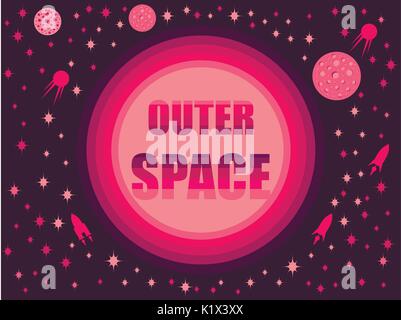 Outer space in 80's retro style. Space travel, asteroids and space ships. Vector illustration. Stock Vector