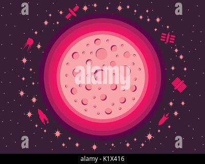 Space in 80's retro style. Space travel, asteroids and space ships. Vector illustration. Stock Vector