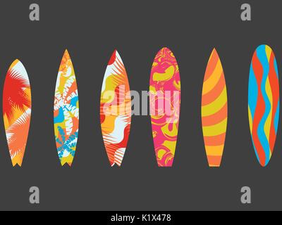 Types of surfboards with a pattern. Water sports and hobbies. Vector illustration Stock Vector