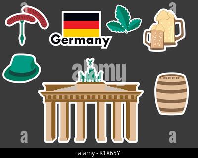 German stickers, germany symbols, the Brandenburg Gate, beer, oak leaves, Bavarian sausages. Patches elements Germany. Vector illustration. Stock Vector