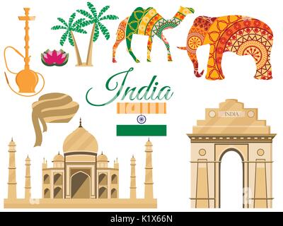 Travel to India, India's traditional symbols, icons attractions. Vector illustration. Stock Vector