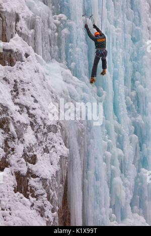 Ice climbing in Serrai of Sottoguda, Rocca Pietore, Veneto, Belluno, Italy Stock Photo