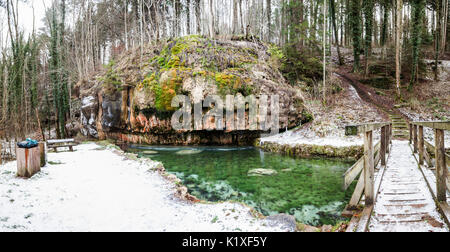 bridge in Luxembourg's Little Switzerland whit white snow Stock Photo