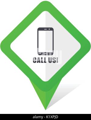 Call us green square pointer vector icon in eps 10 on white background with shadow. Stock Vector