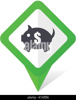 Piggy bank green square pointer vector icon in eps 10 on white background with shadow. Stock Vector